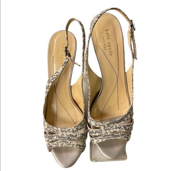 Kate Spade Gray Cream Open Toe Snake print Slingback Shoes Heels 9 B - Picture 1 of 8